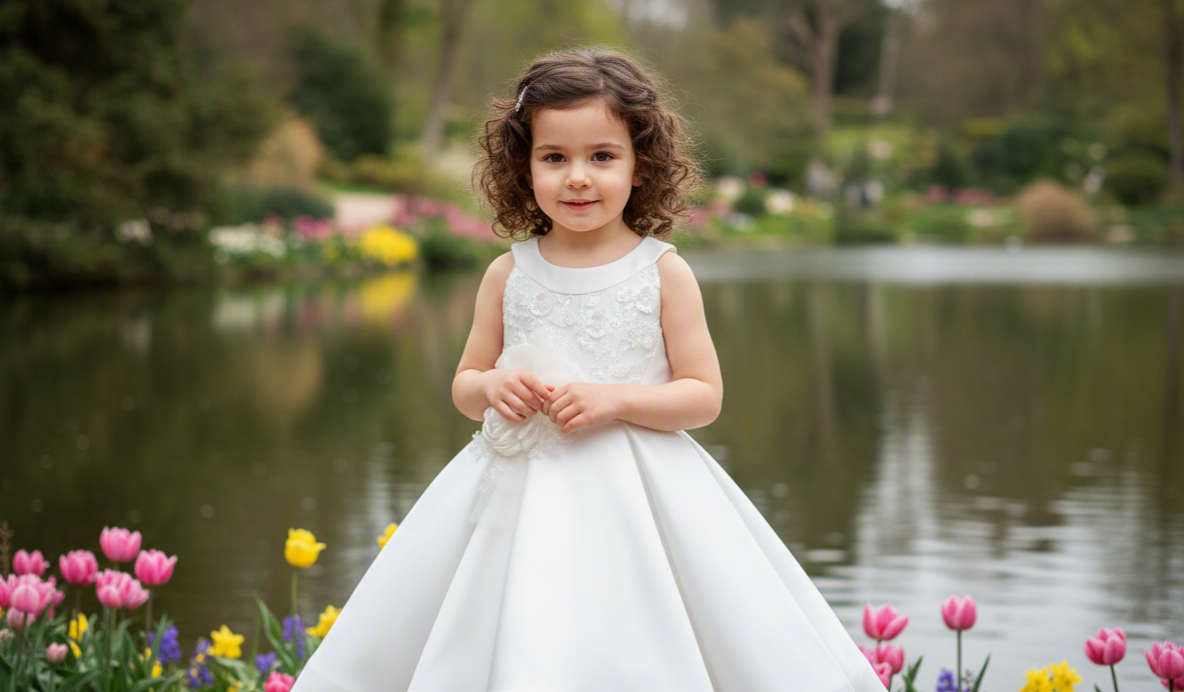 Flower girl in ivory satin dress by the lake with tulips